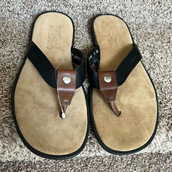 Salvatore Ferragamo Men\'s Brown/Black Leather Flip Flops main image 9